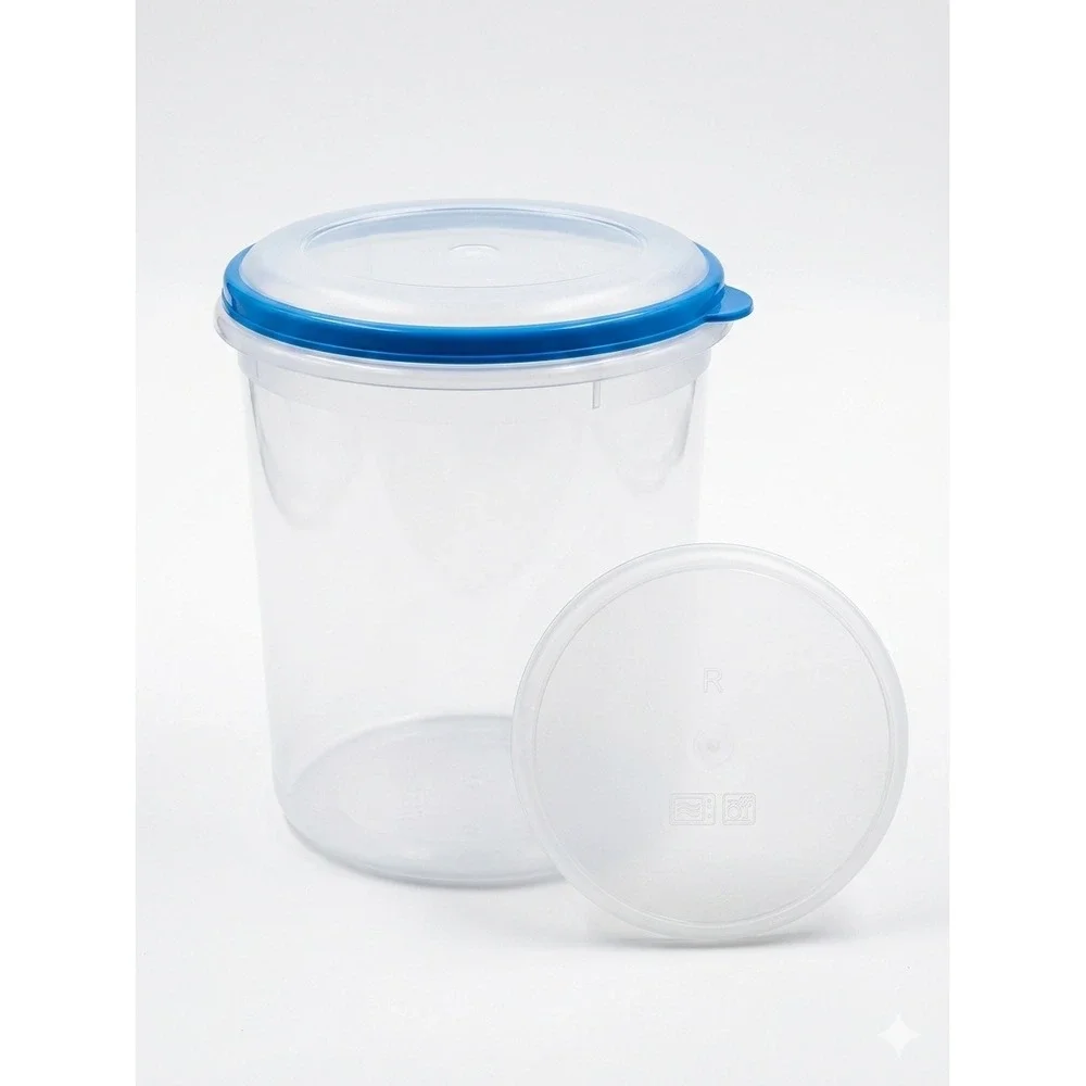 Clear Round Plastic Food‎ Storage Container Canister with Blue Seal Lid
